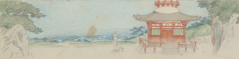 小村雪岱《「足利尊氏」舞台装置原画-第二幕（一）浄土寺多宝塔前の場》