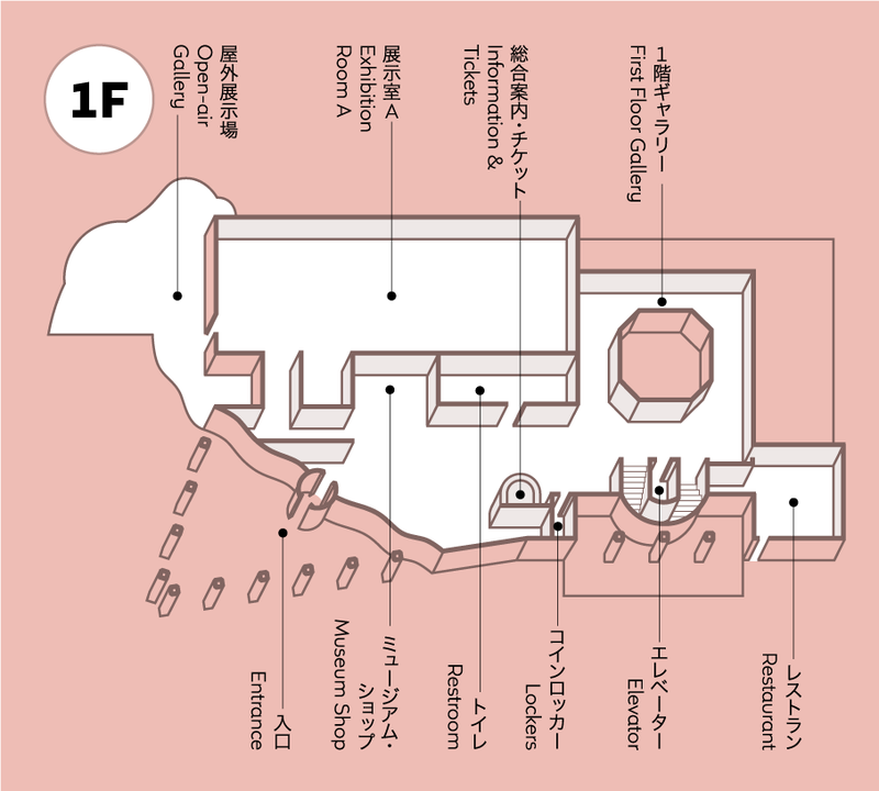1階には総合案内・チケット売り場、展示室A、ミュージアムショップ、レストラン、コインロッカー、トイレがあります